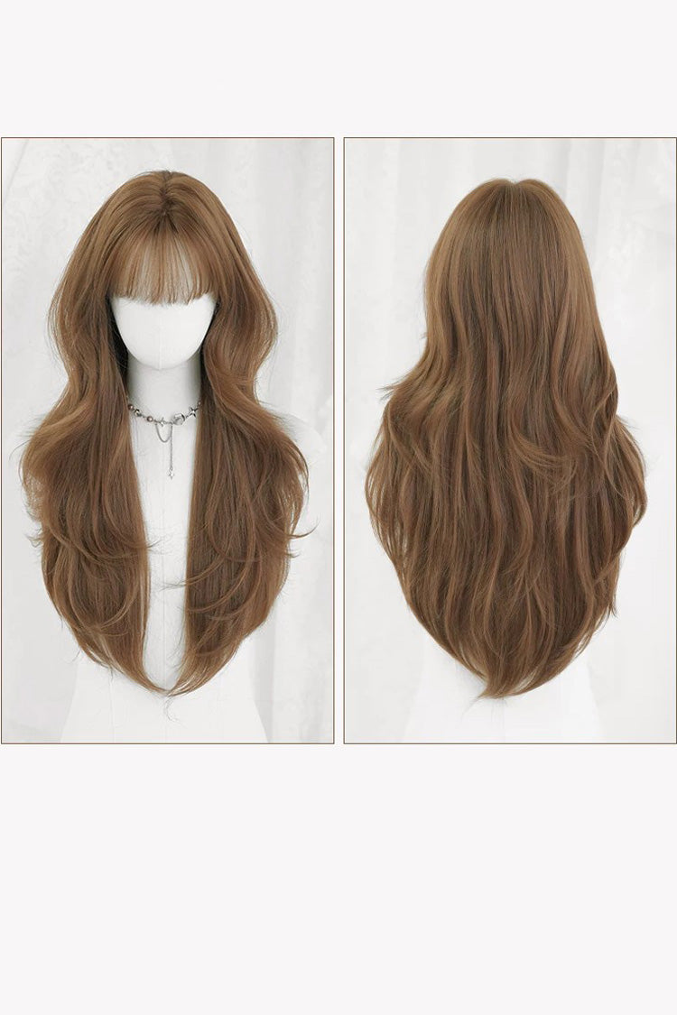 Milky Coffee Korean Style High-Layered Long Wavy Sweet Lolita Wig with Air Bangs - Product - 8