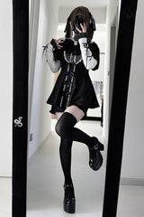 [Black Veil Pact] Short Sleeves Printed Ruffled Bow Gothic Jirai Kei Japanese Dress Shorts Set 2 Colors - Product - 10
