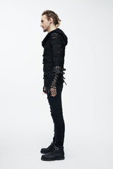 Black Ripped Finger Covered Autumn Hooded Mens Punk T-Shirt - Product - 7