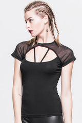 Black Hollow Out Short Sleeves Mesh Shawl Lace Up Women Punk T-Shirt - Product - 2