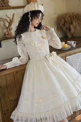 Ivory [Flower Sound] Long Sleeves Ruffle Cardigan Bowknot Lace Sweet Lolita Dress - Product - 9