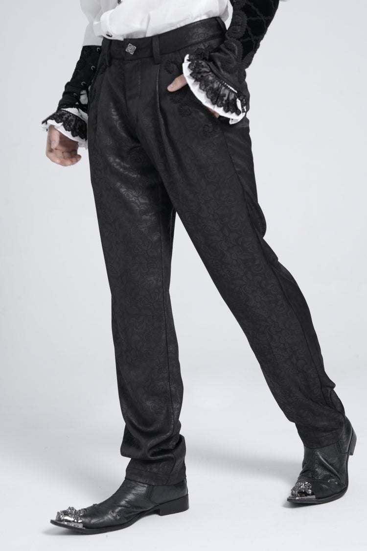 Black Floral Print Embroidery Men's Gothic Suit Pants - Product - 5