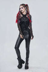 Black Pentagram Leather Striped Long Sleeve Women's Gothic T-Shirt - Product - 4
