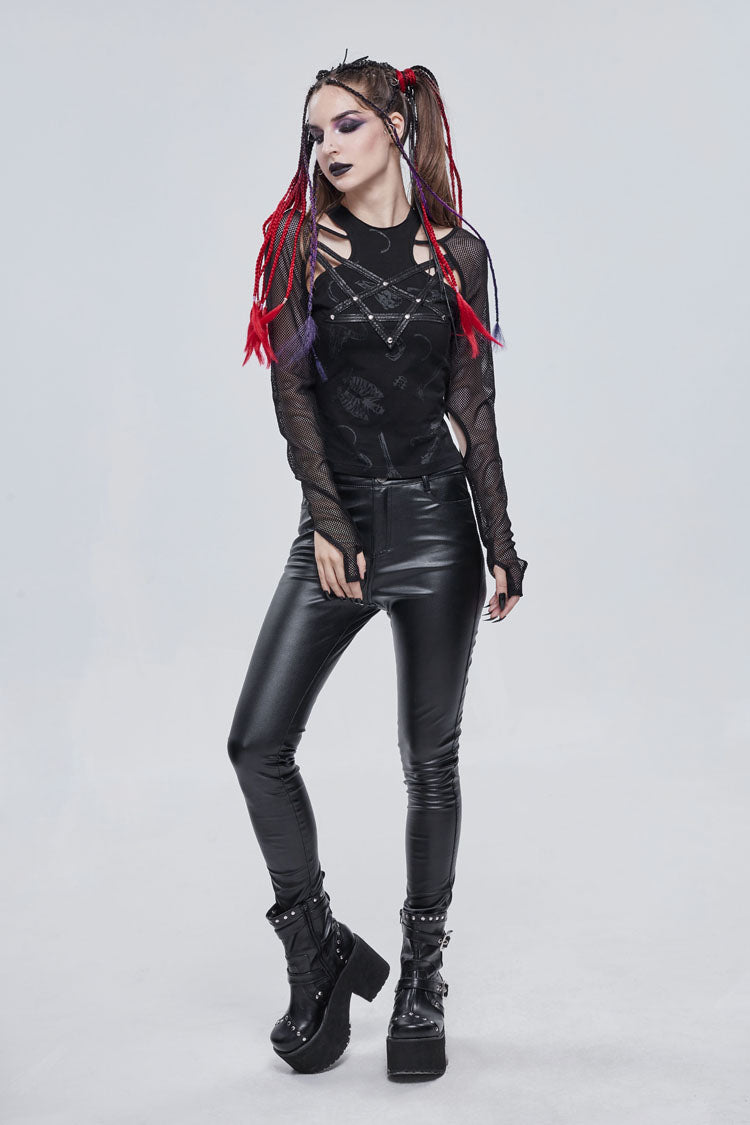 Black Pentagram Leather Striped Long Sleeve Women's Gothic T-Shirt - Product - 4