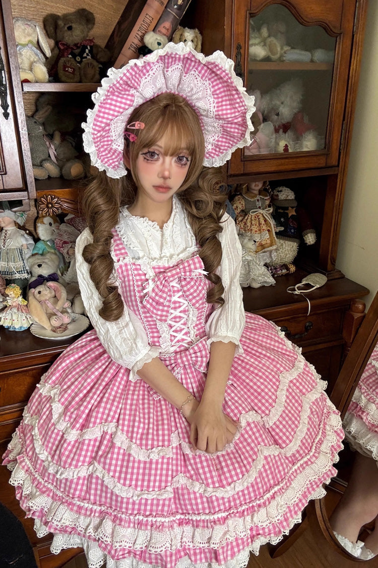 Pink Plaid Print Ruffle Bowknot Lace-Up Sweet Lolita Dress - Product - 2