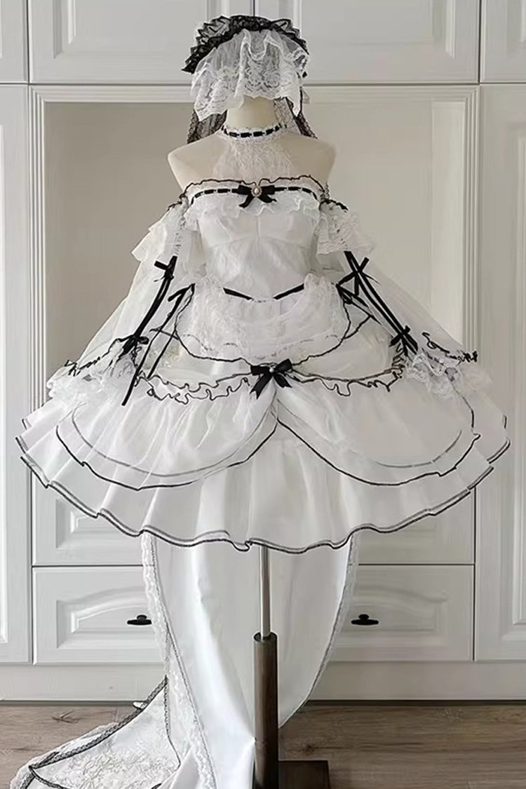 White [Cascade Poem] Sleeveless Multi-Layered Ruffle Hanayome Bowknot Lace Gothic Plus Size Gorgeous Lolita Jsk Short Dress - Product - 3