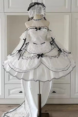 White [Cascade Poem] Sleeveless Multi-Layered Ruffle Hanayome Bowknot Lace Gothic Plus Size Gorgeous Lolita Jsk Short Dress - Product - 3