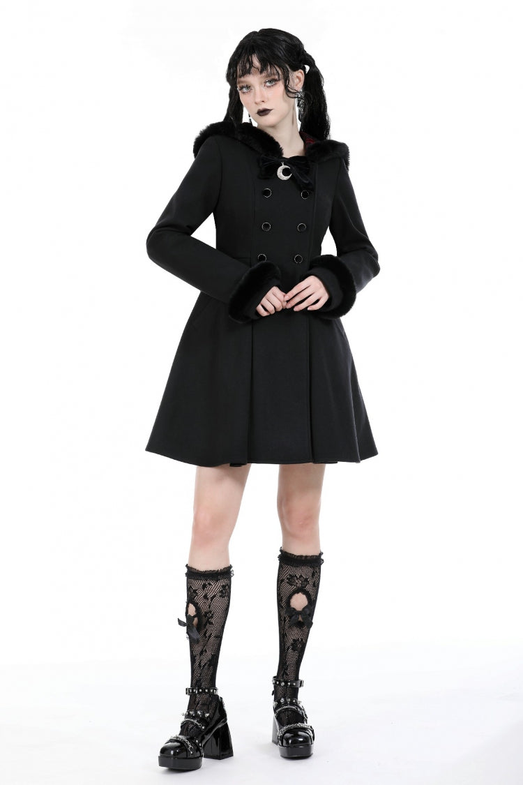 Black Long Sleeves Crescent Moon Bow Spliced Double-breasted Women's Gothic Coat with Cat Ear Hood - Product - 6