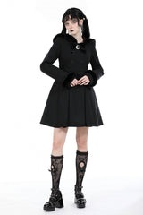 Black Long Sleeves Crescent Moon Bow Spliced Double-breasted Women's Gothic Coat with Cat Ear Hood - Product - 6