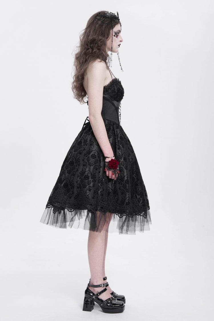 Black Halterneck Skeleton Print Embroidery Stitching Lace Women's Gothic Dress - Product - 7