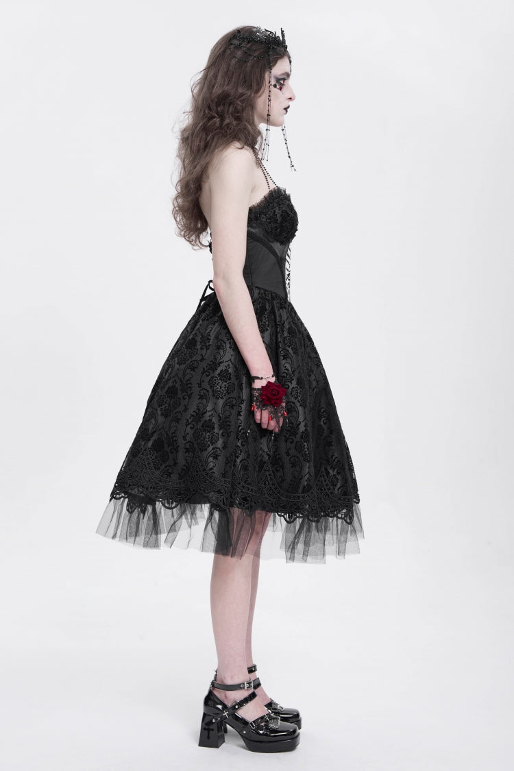 Black Halterneck Skeleton Print Embroidery Stitching Lace Women's Gothic Dress - Product - 7