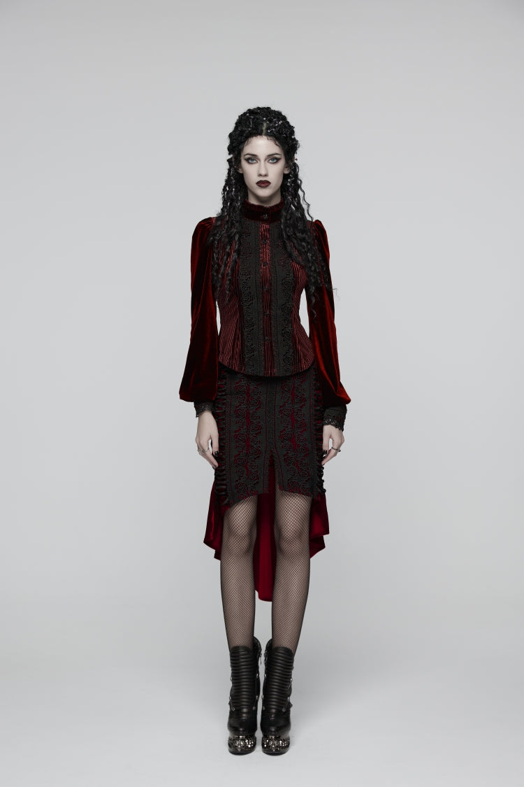 Red Embroidered Floral Embroidered Irregular Women's Gothic Fishtail  Skirt - Product - 3