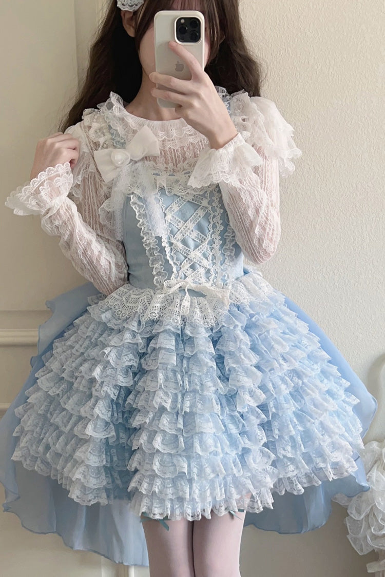Multi-layer Lace Ruffle Bowknot Sweet Lolita Jsk Tiered Dress 2 Colors - Blue - 1