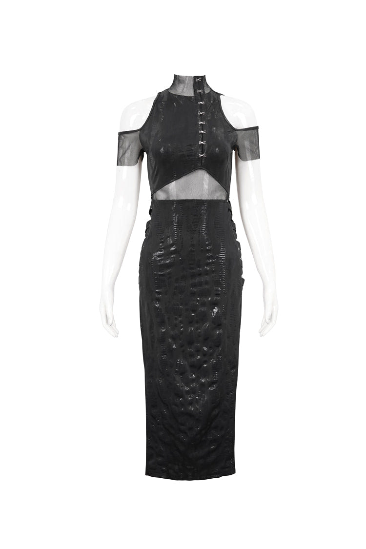 Black Off The Shoulder Irregular Knit Paneled Mesh Side Slit Women's Punk Dress - Product - 8