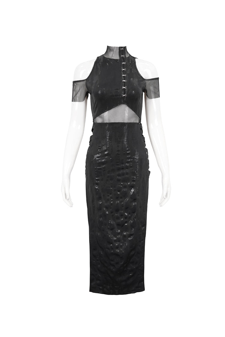 Black Off The Shoulder Irregular Knit Paneled Mesh Side Slit Women's Punk Dress - Product - 8