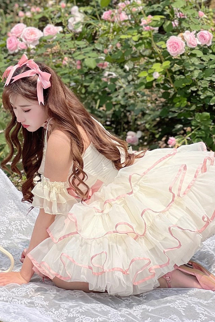 Pink/Beige Ballerina Style Bowknot Slim Fluffy Princess Sweet Lolita Tiered Dress - Product - 5