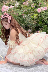 Pink/Beige Ballerina Style Bowknot Slim Fluffy Princess Sweet Lolita Tiered Dress - Product - 5