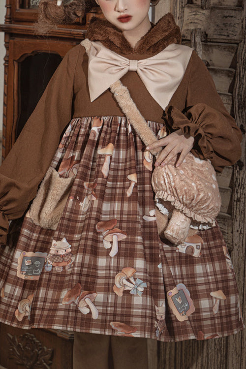 Brown Chest Big Bow Lantern Sleeves Mushroom Print With Hat Sweet Lolita OP Dress - Brown - 1