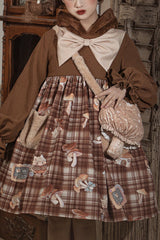 Brown Chest Big Bow Lantern Sleeves Mushroom Print With Hat Sweet Lolita OP Dress - Brown - 1