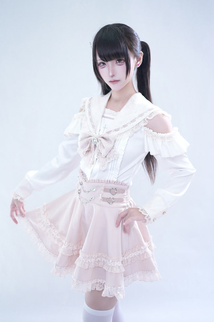 Pink [Apprentice Witch] Off Shoulder Navy Collar Short Sleeves Ruffled Bow Lace Pearl Detail Classic Jirai Kei Japanese Skirt Set - Product - 4