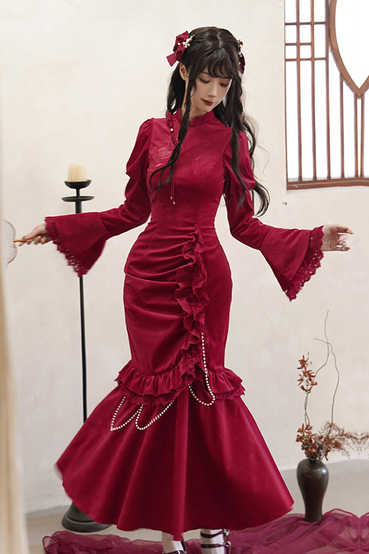 Red Long Sleeves Ruffle Embroidery Bowknot Lace Classic Chinese Style Elegant Lolita Dress - Product - 2