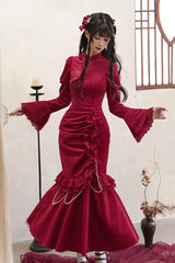Red Long Sleeves Ruffle Embroidery Bowknot Lace Classic Chinese Style Elegant Lolita Dress - Product - 2