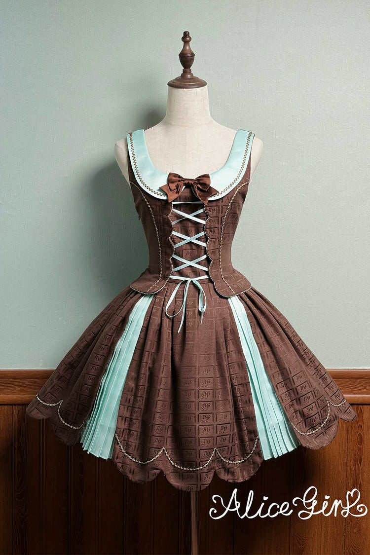 Brown [Teddy Chocolate Bar] Printed Embroidered Bow Lace-Up Classic Lolita Jsk Dress and Skirt - Brown/Mint(Short-JSK-Only) - 12