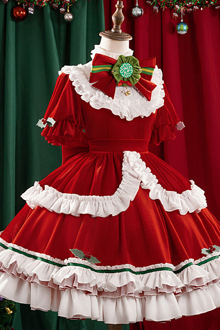 Red [Emma Woods Gardener] Stand Collar Short Sleeves Multi-Layered Ruffled Bow Christmas Sweet Lolita Dress - Red - 1