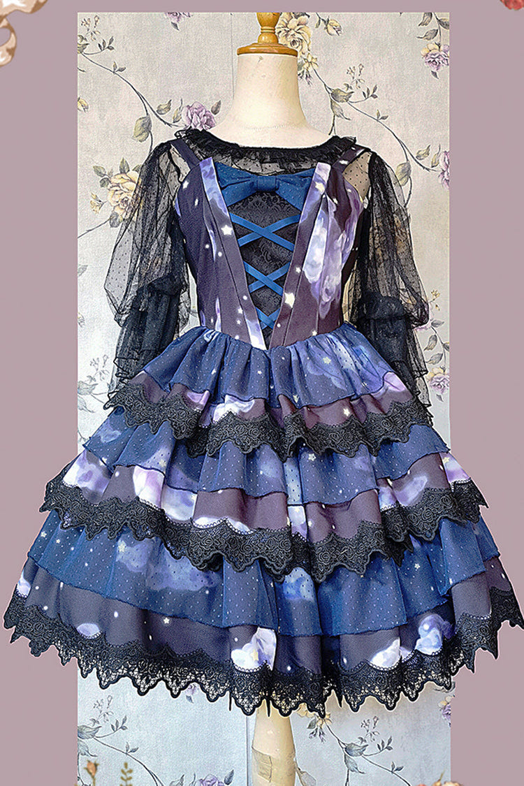 Blue Triple-Layered Clouds Print Ruffle Stitching Lace Sweet Lolita Dress - Blue - 1