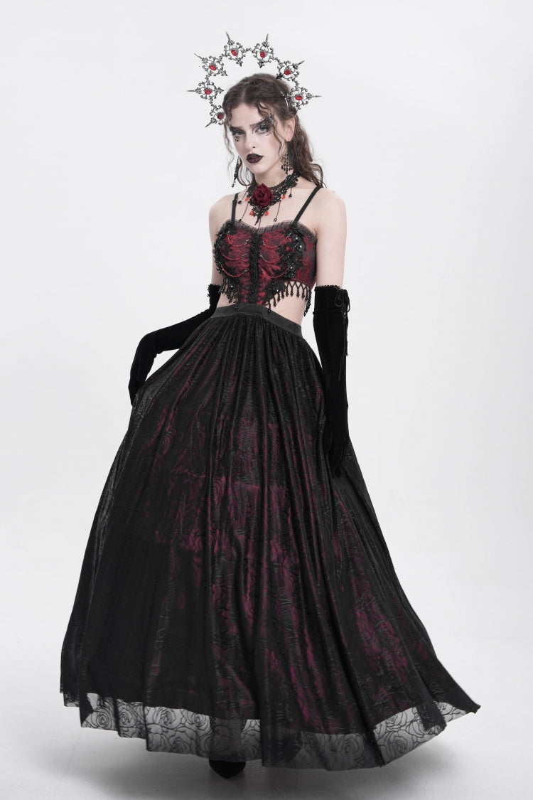 Red Jacquard Floral Embroidery Lace Ripped Women's Gothic Party Slip Dress - Product - 6