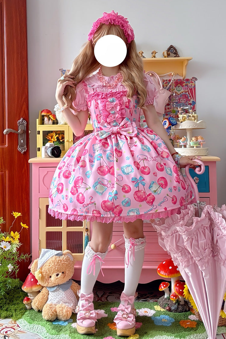 Pink [Cherry Sweet Ice] Print Ruffle Bowknot Lace Sweet Lolita Jsk Dress - Pink - 1
