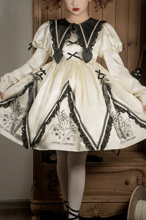 Beige Doll Lapel Collar Long Sleeves Little Confused Print High Waisted Sweet Lolita OP Dress - Beige - 1