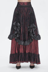 Black/Red Ruffle Lace Drawstring Women's Gothic Skirt - Black/Red - 1