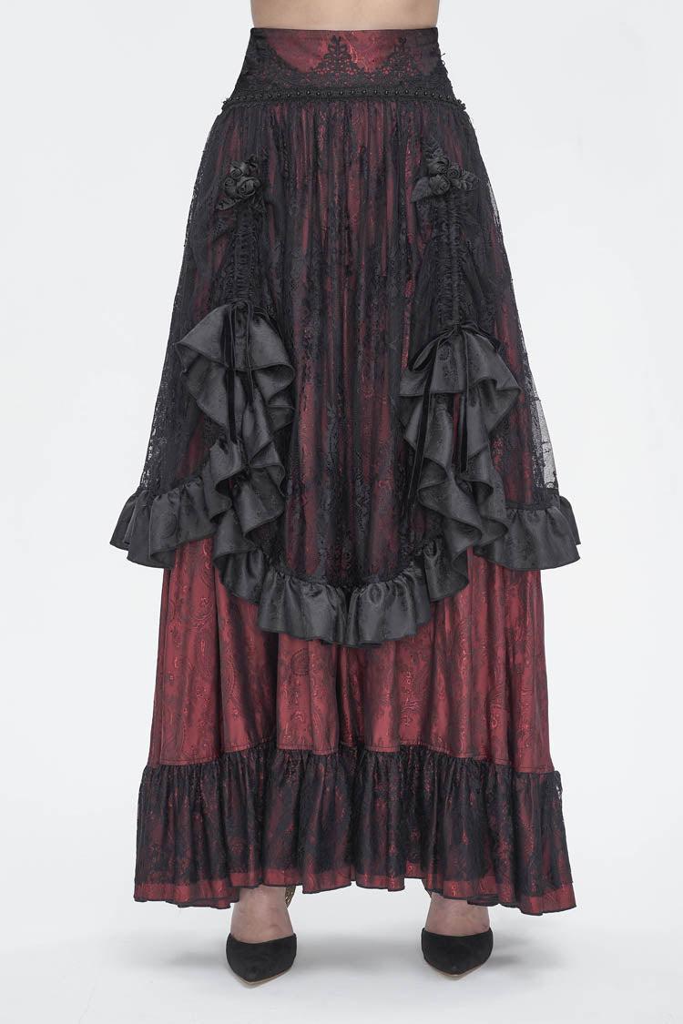 Black/Red Ruffle Lace Drawstring Women's Gothic Skirt - Black/Red - 1