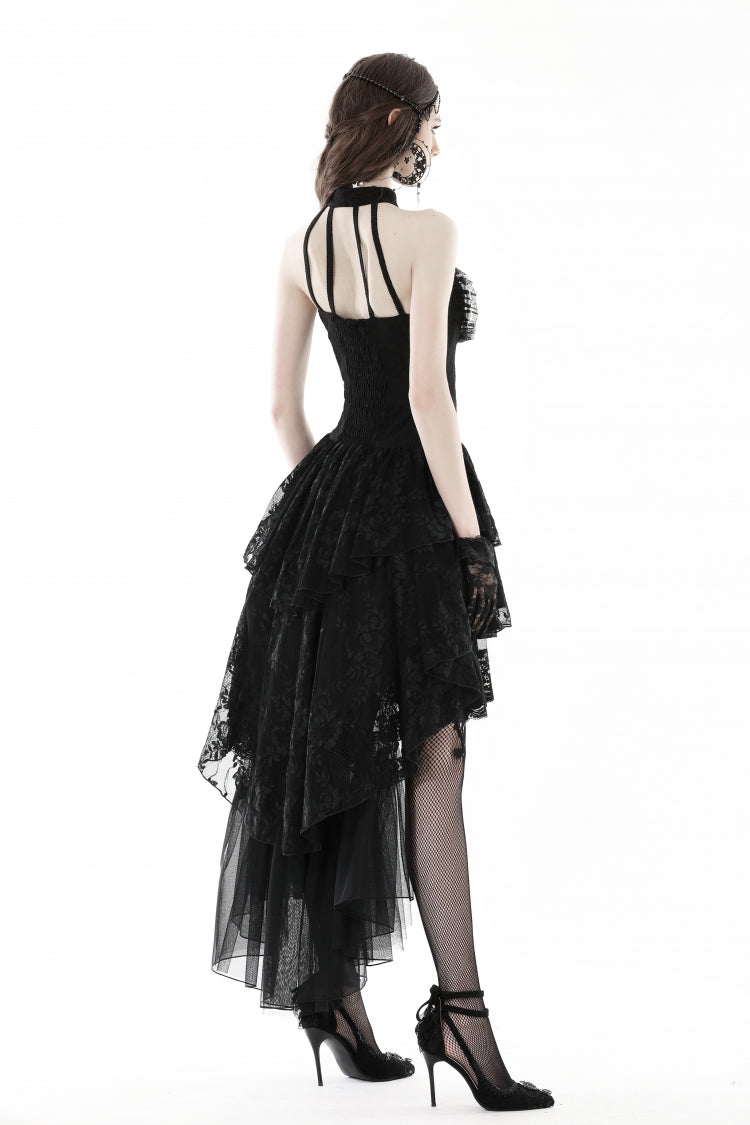 Black Off Shoulder Halterneck Sleeveless Irregular High Low Multi-Layered Lace Women's Gothic Dress - Product - 4