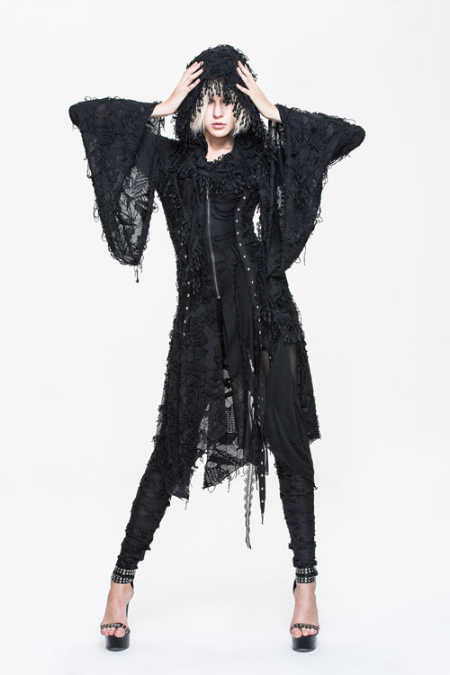 Black Ragged Horn Sleeves Womens Punk Long Coat - Product - 2