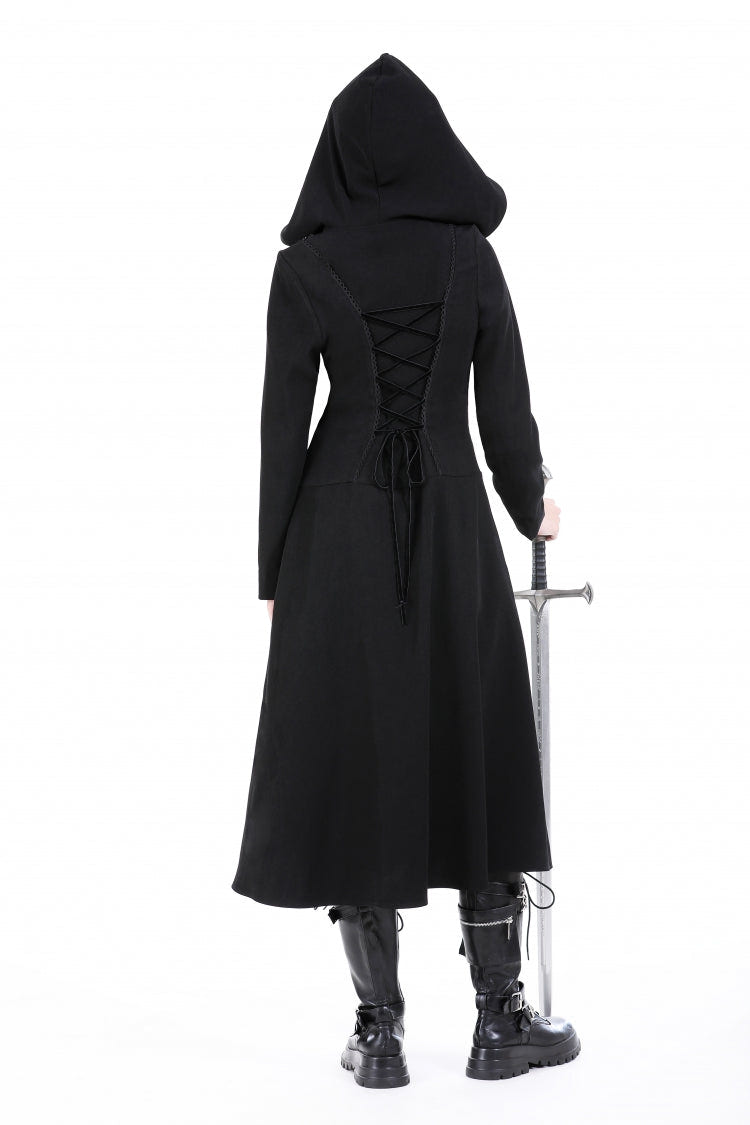 Black Long Sleeves Ruffled Lace-Up Women's Punk Long Jacket with Hood - Product - 4