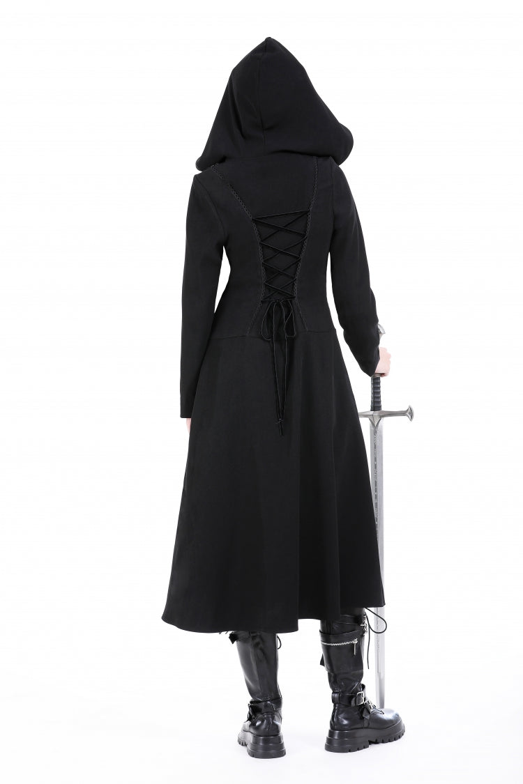 Black Long Sleeves Ruffled Lace-Up Women's Punk Long Jacket with Hood - Product - 4