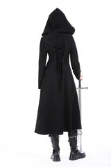 Black Long Sleeves Ruffled Lace-Up Women's Punk Long Jacket with Hood - Product - 4