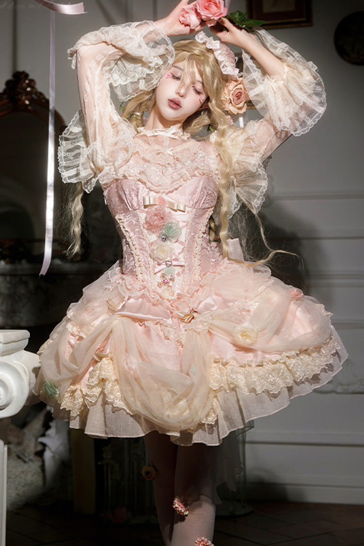 Pink [Dream Garden] Ruffle Hanayome Embroidery Bowknot Lace Fishbone Sweet Princess Gorgeous Lolita Jsk Dress - Pink - 1