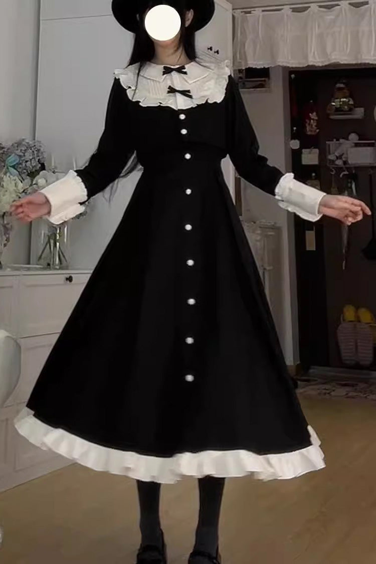 Black Long Sleeves Ruffle Bowknot Vintage Elegant Lolita Dress Two Pieces Set - Product - 6