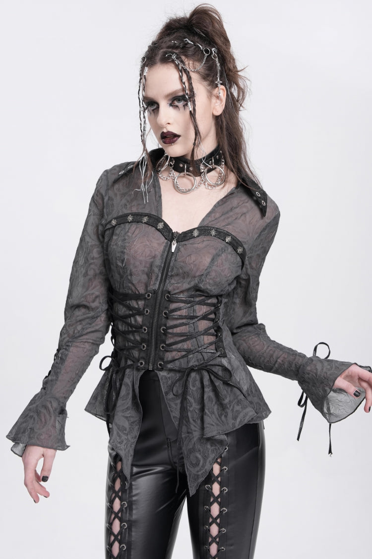 Black Long Sleeves Embroidery Lace-Up Irregular Sheer Women's Gothic Blouse - Product - 5
