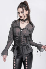 Black Long Sleeves Embroidery Lace-Up Irregular Sheer Women's Gothic Blouse - Product - 5