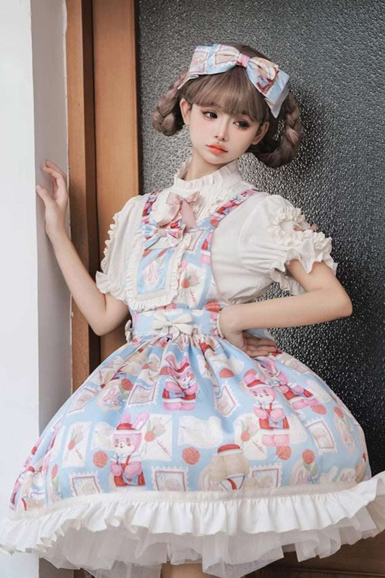 Light Blue [Letter from Showa] Rabbit and letter Print Ruffle Bowknot Sweet Princess Lolita Strap Dress - Product - 5
