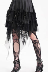 Black Cross Chain Ruffle Lace Irregular Hem Women's Gothic Skirt - Product - 3