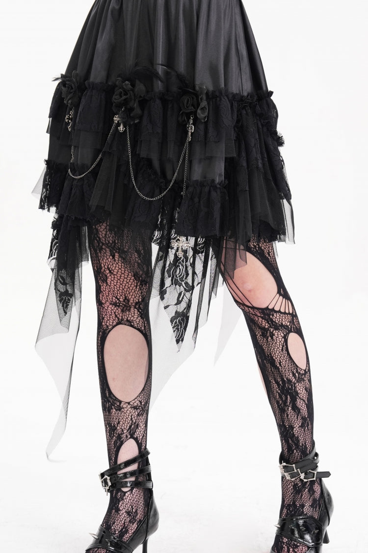 Black Cross Chain Ruffle Lace Irregular Hem Women's Gothic Skirt - Product - 3