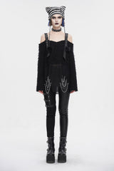 Black Irregular Off Shoulder Fluffy Women's Punk Sweater - Product - 4