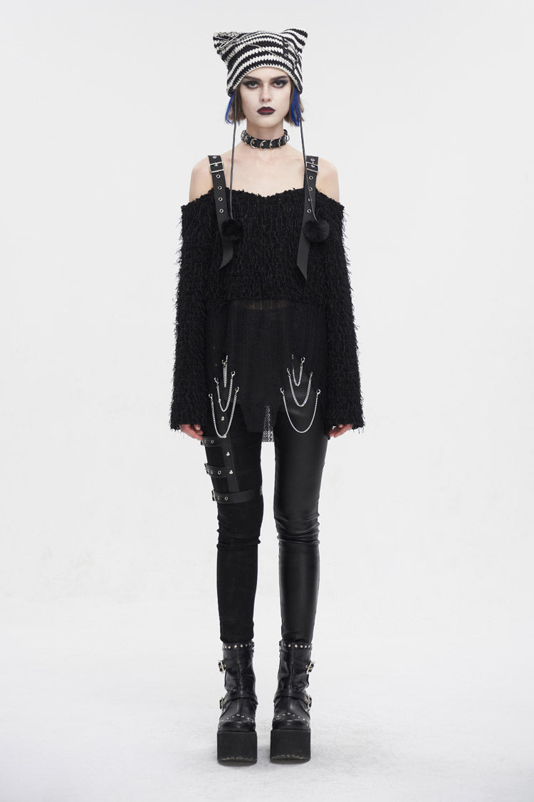 Black Irregular Off Shoulder Fluffy Women's Punk Sweater - Product - 4