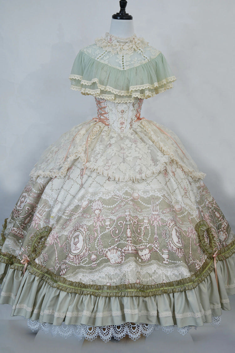 Spring Green [Cloudborne Prelude] Edwardian Collar Jacquard Printed Ruffled Bow Lace Fishbone Sweet Classic Lolita Dress - Product - 4