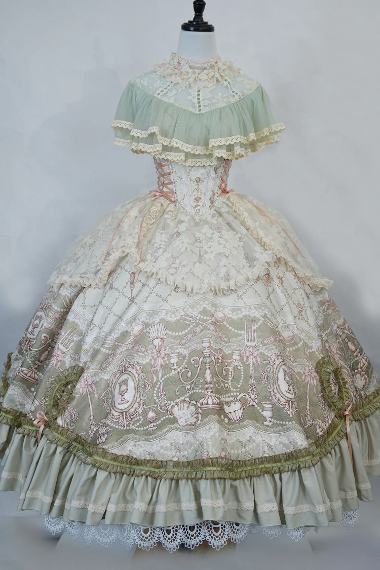 Spring Green [Cloudborne Prelude] Edwardian Collar Jacquard Printed Ruffled Bow Lace Fishbone Sweet Classic Lolita Dress - Product - 4